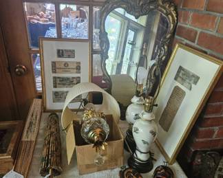 Lamps, confederate money, fan, parasol, gilt mirror