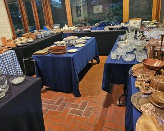 Copperware, crystal, blue glass, china, vases, antique poison bottles