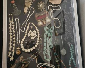 jewelry - turquoise, silver, amethyst etc & antique opera glasses, fan & dance card
