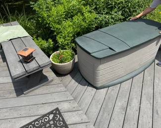 Bench, flower pot, rubbermaid storage bin