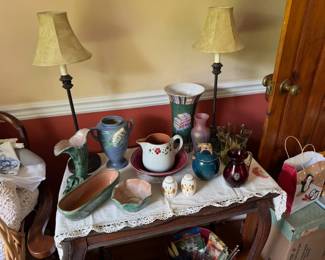 Stangl pottery, lamps, Doiles, Vtg tableclothes