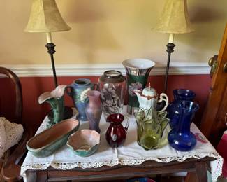Stangl pottery, lamps, Doiles, Vtg tableclothes
