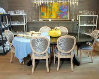Very Nice Black Nickle Designer Dining Table with 2 Leaves, 8 Dining Chairs