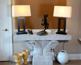 Ram Pedestal Entry Table, Pair of Robert Abbey Accent Lamps, Remington Bronze "Rattlesnake"
