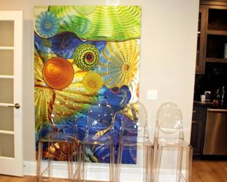 Chihuly Glass Print, 4 Acrylic Counter Stools