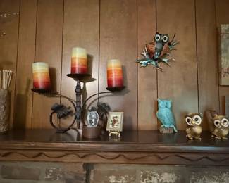 Vintage Owl Figurines and Wrought Iron Candelabra Set