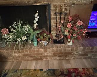 Vintage Fireplace Tool Set and Decorative Vases with Artificial Flowers
