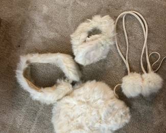 Rabbit fur purse/hand muffler, ear muffs, fur collar set