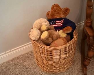 Vintage Teddy Bear Collection with Patriotic Sweater in Wicker Basket
