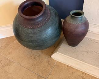 Pair of Artisan Studio Pottery Vessels with Incised Geometric Bands