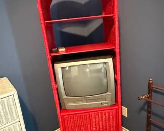 Vintage Red Arched Wicker Etagere with Cabinet