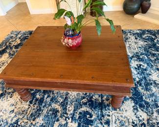 Rustic Wood Plank Coffee Table with Faux Bolt Detailing
