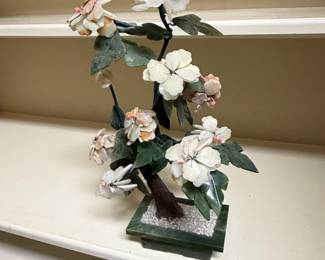 Vintage Chinese Hardstone Bonsai Tree with White and Pink Blossoms
