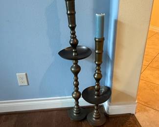 Pair of Vintage Moroccan Etched Brass Floor Candlesticks