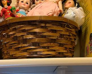 Vintage Doll Collection in Woven Basket, includes Madame Alexander dolls