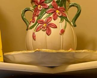 Majolica Style Orchid Pitcher and Underplate