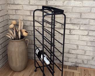 wine rack, vase and dried flowers
