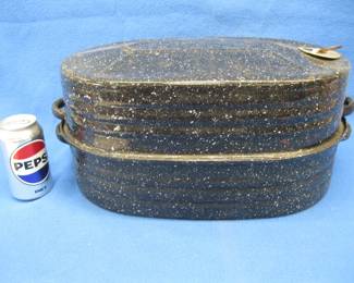 Lot 197. Graniteware covered roasting pan with 2 inserts. Made by Reed and dated 1911.