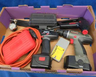 Lot 138. Drills, extension cord. bits, gauge, no charger, and more