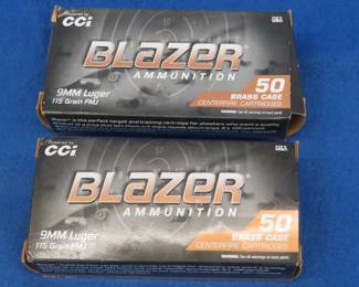 Lot 452. 2 boxes of 50 each Blazer 9MM Luger rounds