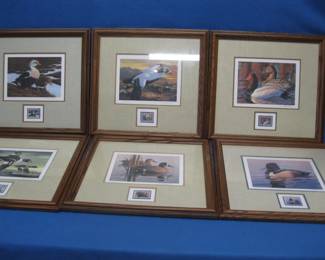 Lot 220. Six framed and matted Federal and State duck prints with unsigned stamps as described: 1992 Federal print and stamp. 1993 Federal print and stamp. 1994 Federal print and stamp. 1992 Minnesota print and stamp. 1993 Minnesota print and stamp. 1994 Minnesota print and stamp