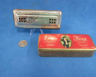 Lot 168. Vintage F.A. Bohm Violin King double-sided 64-hole tremolo harmonica with the hinged metal box both in VGC.. Please see the Auctioneer's Notes at the beginning of this auction where we list John Whitman's Harmonica Anthology 11th Ed. April 25, 2019 as a. free and easy source to get more information about specific harmonicas. The harmonica in this lot or one like it can be found at page 37.