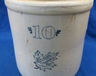 Lot 340. 10-Gallon Western Stoneware crock with pickle pusher in excellent condition