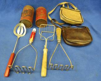 Lot 357. Old kitchen tins, wood-handled kitchen utensils, and leather purses
