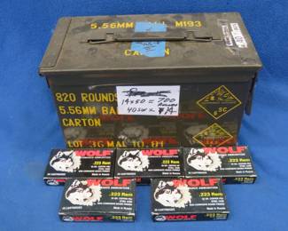 Lot 496. Five boxes of 20 each Wolf .223 Rem rounds and a metal ammo can