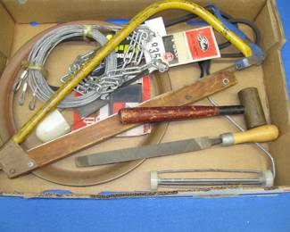 Lot 194. Brass hammer, bow saw, wire rope, and more