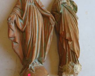 Lot 336. 25" tall concrete Mary and Joseph and a wooden 18 1/2" Joseph and Baby Jesus. See photos for condition issues