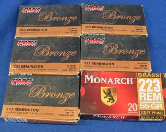 Lot 457. 5 boxes of 20 each PMC 223 Rem and 1 box of 20 Monarch 223 Rem rounds
