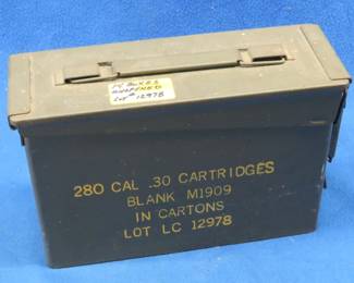 Lot 346. Ammo box full of 14 unopened boxes of 20 each Cal. 30 blank M1909 cartridges
