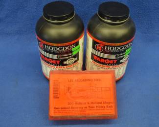 Lot 412. Lee 300 H&H reloading die-set and two 1-pound cans of Hodgdon Rifle Powder