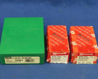 Lot 186. RCBS FL Die Set for .375 H&H Mag and approx. 100 Hornady 375 Cal bullets