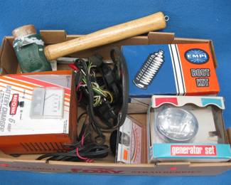 Lot 464. Bicycle light set, battery charger, rawhide hammer, and more