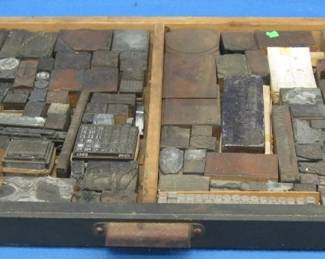 Lot 272. Vintage printers tray filled with printing blocks