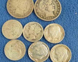 Lot 117. Silver coins described as follows: 1902 and 1909 Barber Quarters. 1929 S Mercury Dime. Five silver Roosevelt Dimes