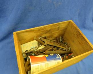 Lot 235. Wooden crate of old tools and more
