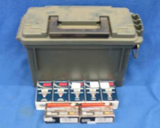 Lot 485. 5 boxes of 50 each CCI 22LR rounds and 2 boxes of Winchester 22LR Subsonic rounds in a plastic ammo box