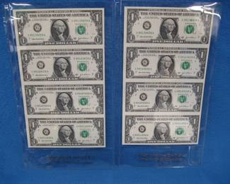 Lot 444. Two uncut sheets of 4 $1.00 bills