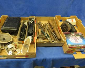 Lot 343. Three flats of tools, hardware, and more