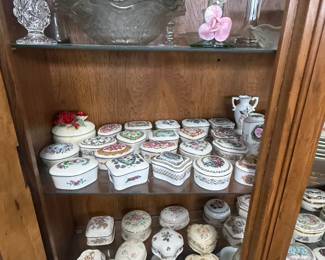 vintage trinket boxes, crystal glass and china