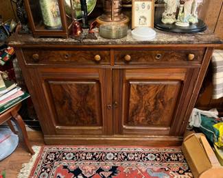 Victorian Eastlake or Louis Phillipe style server cabinet with burlwood panels and marble top