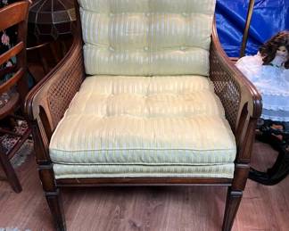 Vintage Steinhafels confirm canepaneled wooden accent chair with tufted cushions