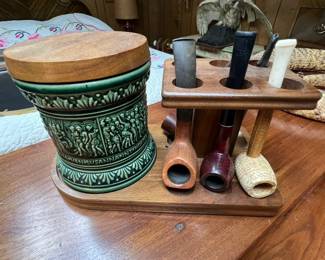 Vintage Marzi Remy German ceramic tobacco humidor with Decatur walnut pipe stand
