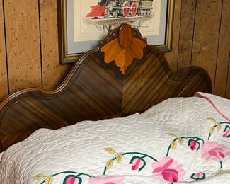 Vintage French Provincial style marquetry satinwood with inlay headboard and bed frame