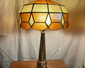 Brass firehose lamp with slag amber and yellow glass shade base made at L N South Lville Shops