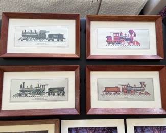Robert Kern framed prints of historic American locomotives, with silver foil etchings