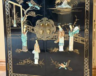 Asian Black Lacquer Mother of Pearl Inlay Cabinet